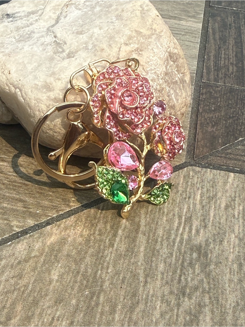 NWT Pink Crystal Rose Keychain with Green Accents - Picture 3 of 9